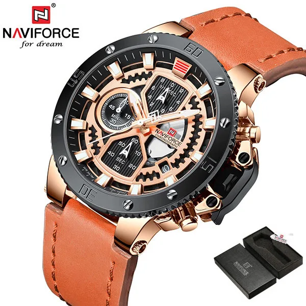 NAVIFORCE часы, топ бренд, Роскошные военные кварцевые часы для мужчин, хронограф, кожа, водонепроницаемые часы, мужские часы - Цвет: Gold Brown With Box