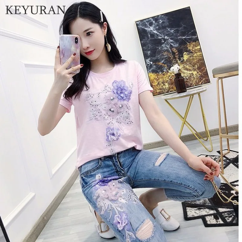 Весенне летний модный женский комплект вышитый бисером цветок футболка с