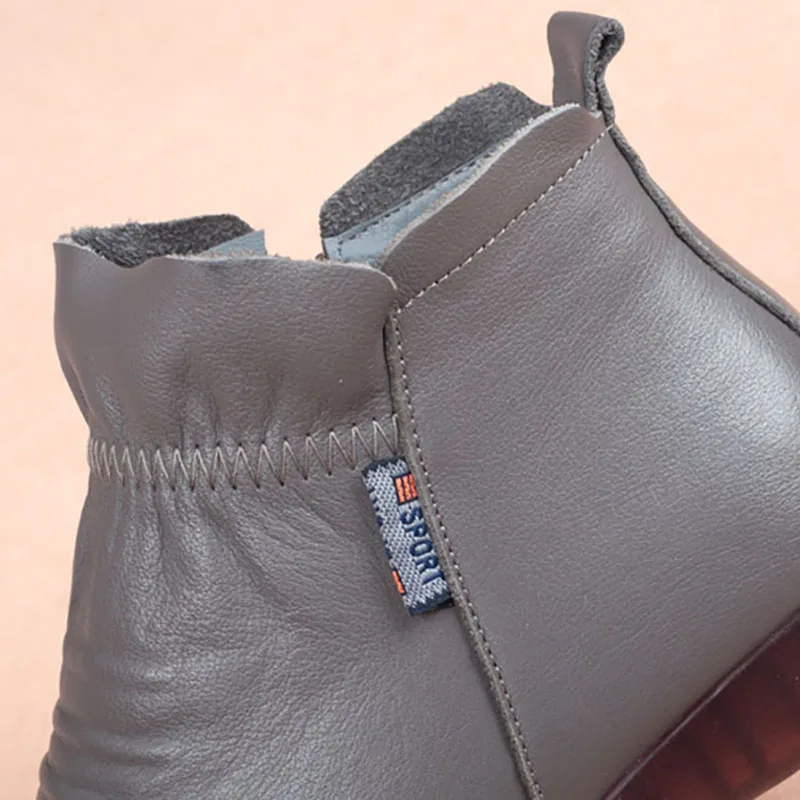 Простые удобные ботинки на плоской подошве сезон осень-зима женские кожаные