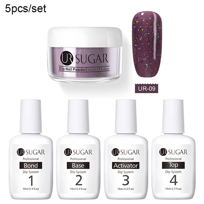Colorful 9 UR SUGAR 5pcs Dipping Nail Glitter Powder Kits Without Lamp Cure Dip System French Manicure with Base Activator Liquid Gel Set - Цвет: Colorful 9
