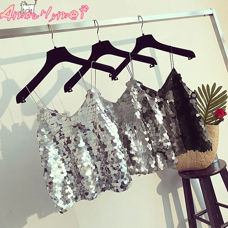 Sequin Cami сексуальный укороченный топ, летний женский топ на бретельках, тонкий топ с открытой спиной, Обрезанные Топы