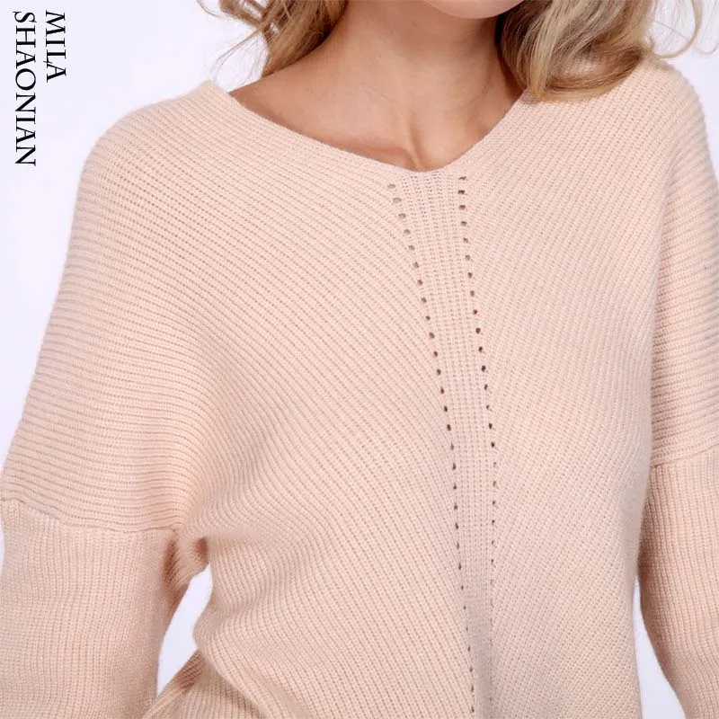 Autumn Casual Pullovers Sweaters Women Hollow out Loose V-neck Top Long Sleeves Solid Knitted Cotton Office Ladies Soft | Женская одежда