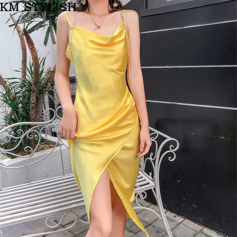 Новинка лета 2019 платье на бретелях спагетти женское Новое цельное атласное