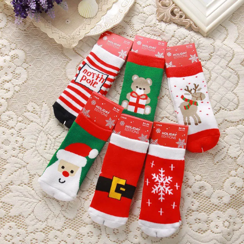 

Xmas baby socks Reindeer Snowflake Snowman printed Baby boy girls cartoon socks Cotton Cute slip-resistant floor thick feetwear