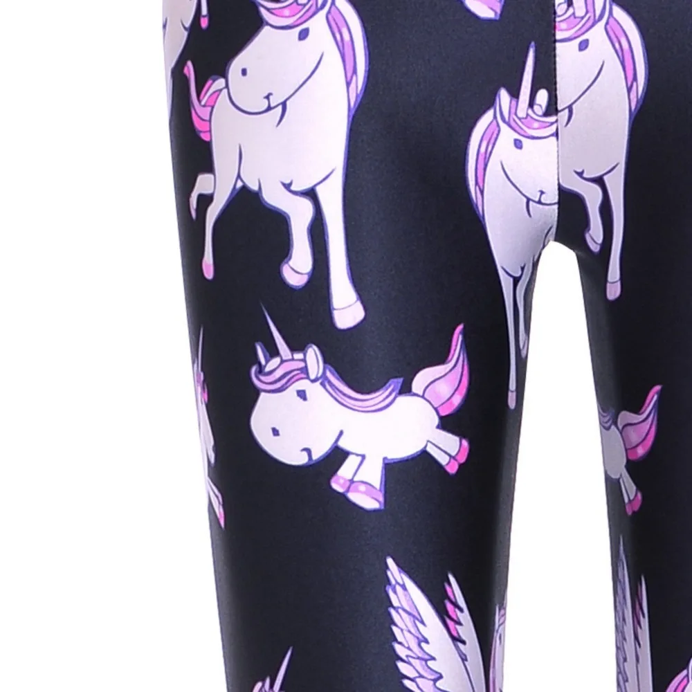 Женские черные леггинсы с мультяшным единорогом облегающие тонкие эластичные