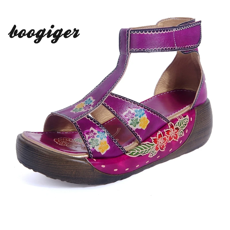 Новый Богемия Клинья Летняя Обувь Цветы Натуральной Кожи Удобные Женская Ручной