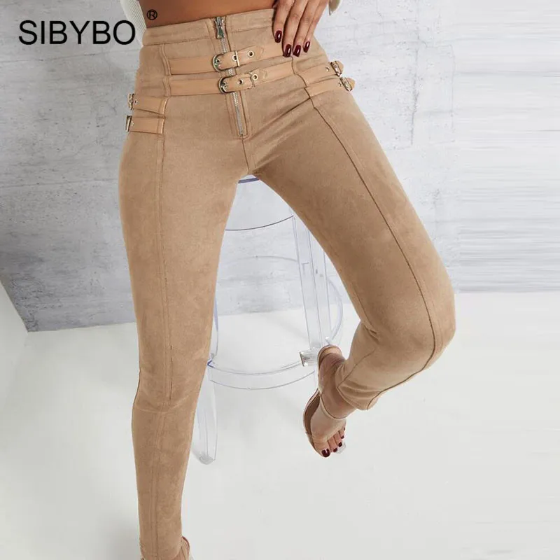 

Sibybo Suede Skinny High Waist Casual Women Pants Fashion Belt Buckle Pencil Pants Women Autumn Winter Black Sexy Trousers 2020