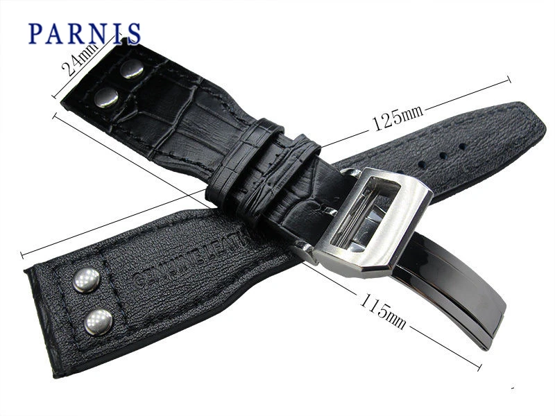 

24mm Black Genuine Leather Watchband Parnis New Watch Strap Deployment Buckle, Watch Accessories Leather Watchbands for Watch