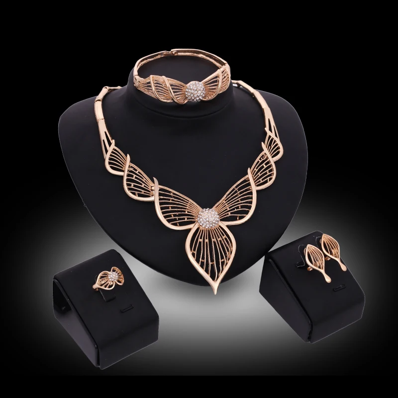 

New Design fashion African women customes Necklace Earrings Bangle Ring Sets Gold Color Crystal Wedding Bridal Jewelry Sets