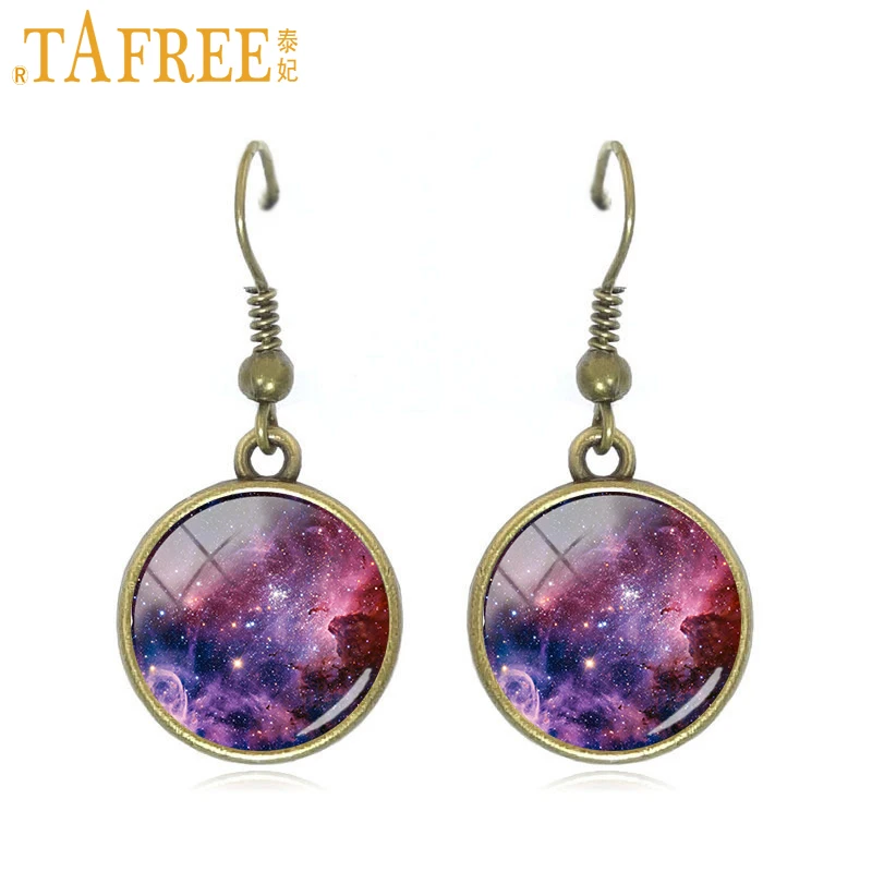 TAFREE Galaxy Drop Earrings nebula dangle earrings solar system planet art picture glass round cabochon dome copper jewelry A328 | Украшения