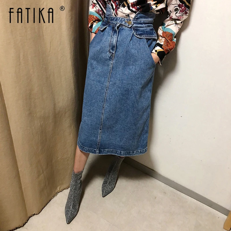 Blue FATIKA, Новое поступление, джинсовые повседневные юбки, высокая талия, карманы, уличная одежда, Женская юбка до колен, женская одежда - Цвет: Blue