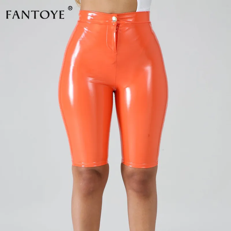 Orange Fantoye пикантные из искусственной кожи шорты Для женщин Сплошной Светоотражающие сексуальные C высокой талией, эластичные Половина шорты конфетного цвета узкие Стретч Клубная одежда - Цвет: Orange