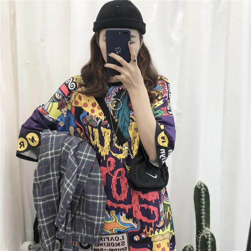 Ulzzang Готический стиль граффити длинная футболка женская уличная летняя 2019 Плюс