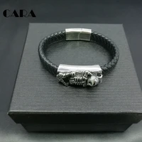 arrival genuine leather chakra bracelet men bangle retro human skelent stainless steel fashion jewelry for women cara0054