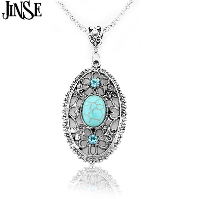 

JINSE BLS124 Wholesale Lady Vintage Tibetan Silver Hollow Alloy Round Pendant Necklace Long Fashion stone Necklace Jewelry