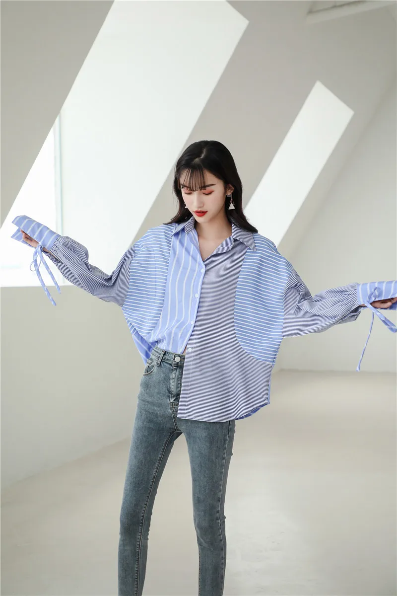 REALEFT Новое поступление Женская Повседневная полосатая Лоскутная Блузка с