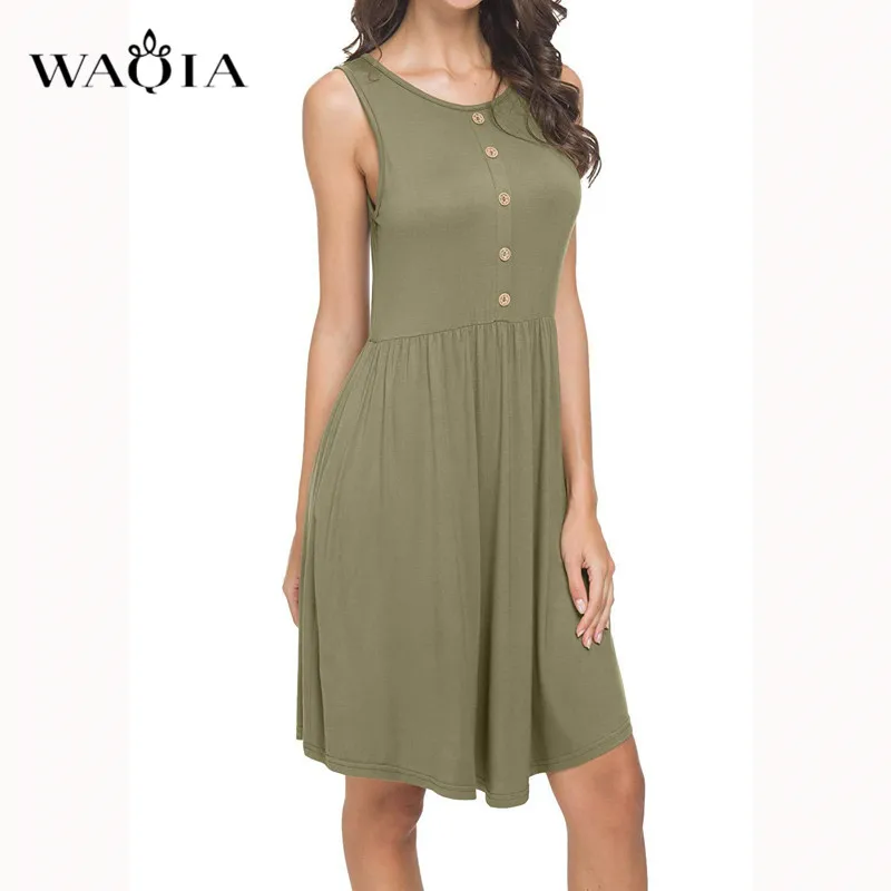 Waqia 2019 летнее платье женское однотонное мини без рукавов Boho короткое пляжное