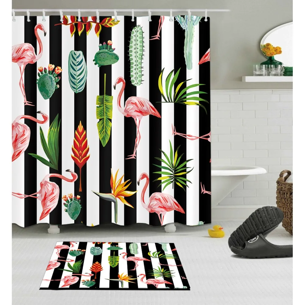 LB черно-белая фототкань с ковриком Тропическое растение фламинго