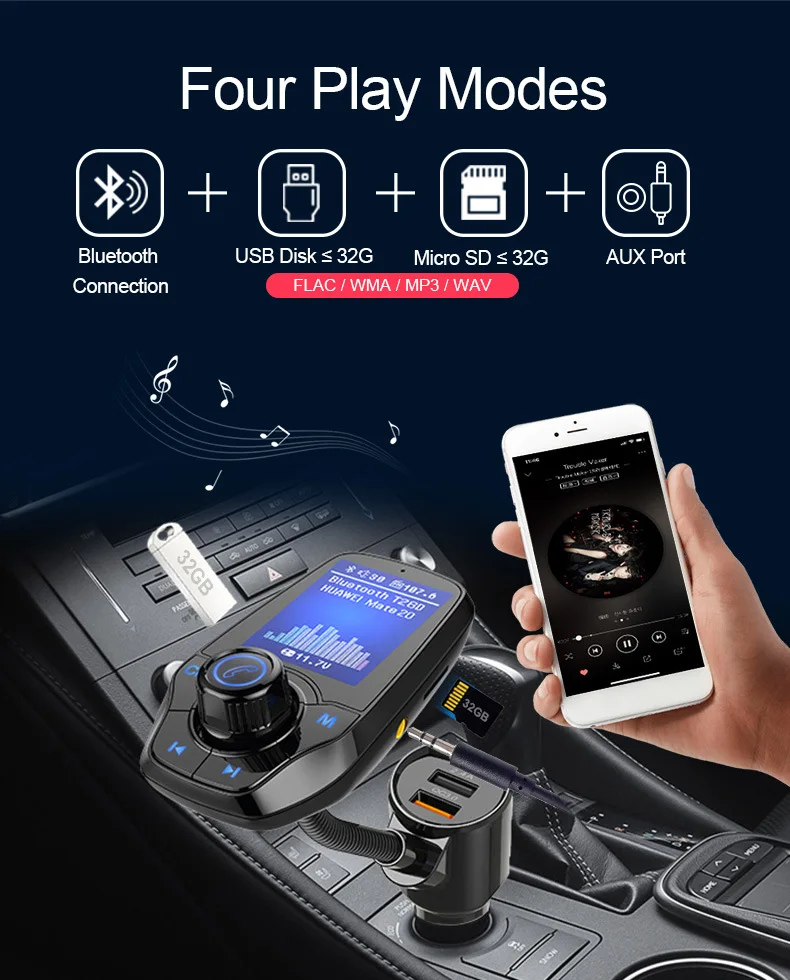 T26D Автомобильный MP3 цветной большой экран Беспроводная связь Bluetooth fm-launcher QC3.0