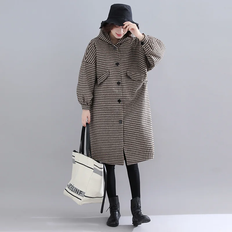 Для женщин зима ретро плед пальто утепленная Теплая верхняя одежда с капюшоном