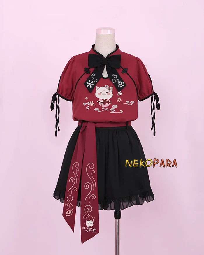 Ninjia Cat Kongfu/милый комплект из 3 предметов в стиле Лолиты для девочек: Красная футболка с короткими рукавами в китайском стиле+ черные шорты+ пояс с вышивкой