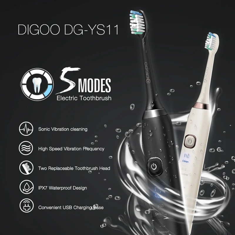 Digoo DG-YS11, 5 режимов щеток, эссенция, Соник, электрическая Беспроводная USB перезаряжаемая зубная щетка, IPX7, водонепроницаемая с 2 головками зубной щетки