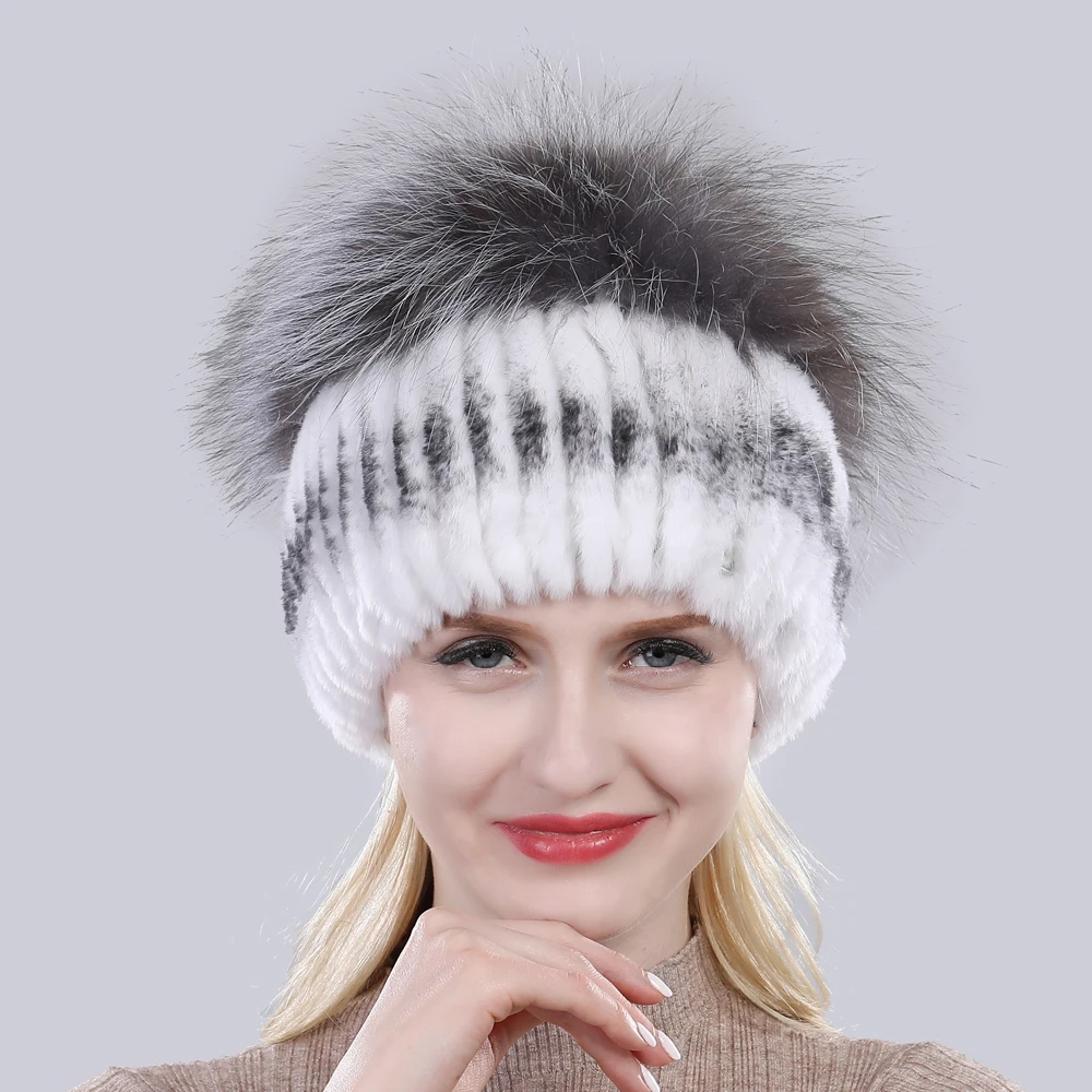 Хорошая эластичная шапка из натурального меха серебристой лисы, Новая зимняя женская вязаная шапка из натурального меха кролика Рекс, женская шапка из натурального меха