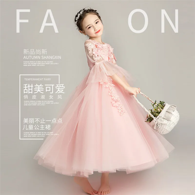 

2019 Autumn Winter New Children Girls Elegant Appliques Flowers Pink Birthday Wedding Party Long Dress Kids Toddler Piano Dress
