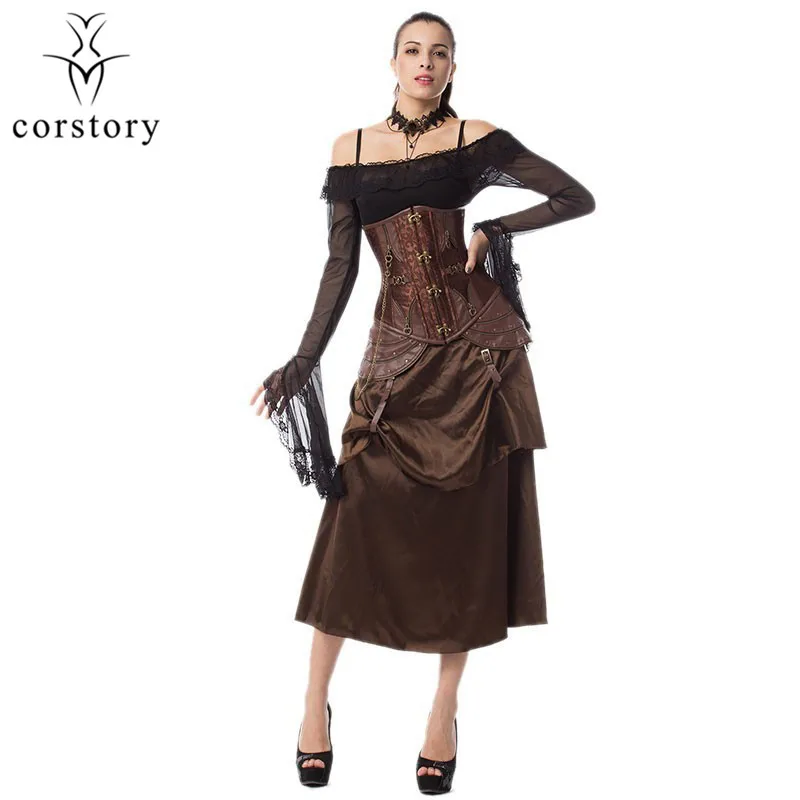 Стимпанк черная парча кожа Бюстье Топы сексуальные женские стальные косточки