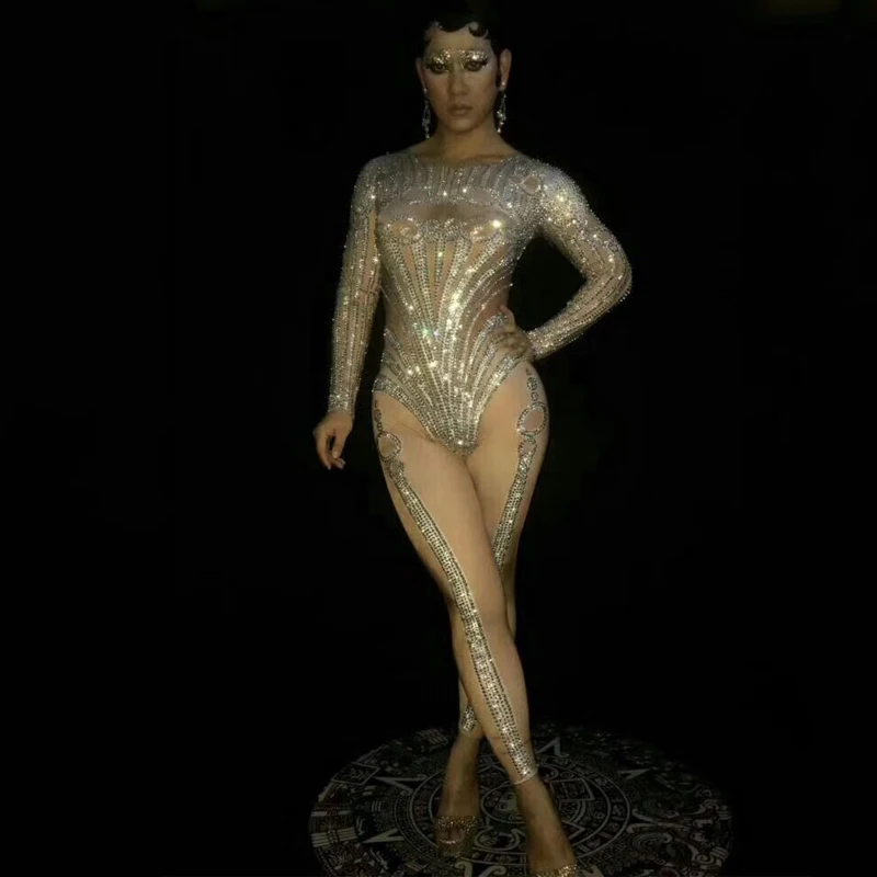 Блестящие стразы сексуальный длинный комбинезон для ночного клуба Женский певец