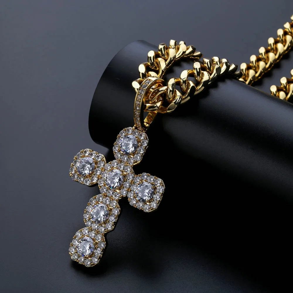 Изготовленный на заказ Iced Out большой твердый крест-подвеска с фианитами ожерелье с 12 мм кубинской цепочкой мужские хип хоп золотые цвет серебра талисман ювелирные изделия