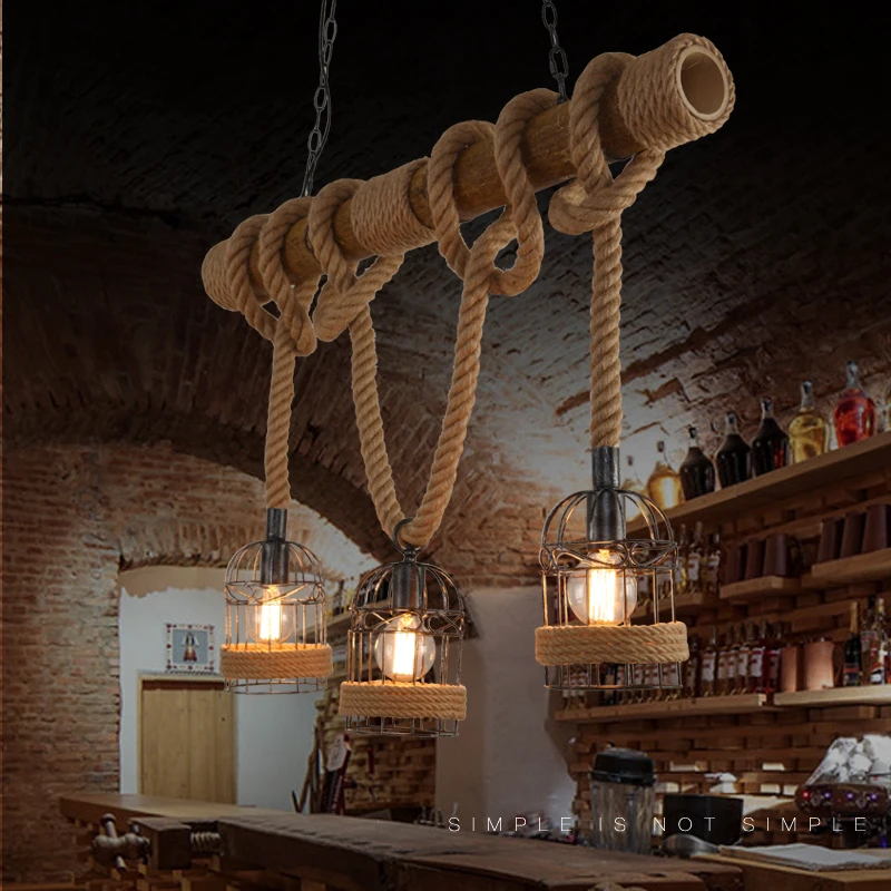 

Loft Vintage Pendant Lights Hemp Rope Bamboo Iron Cage Pendant Lamps Hand Knitted Lighting Fixtures