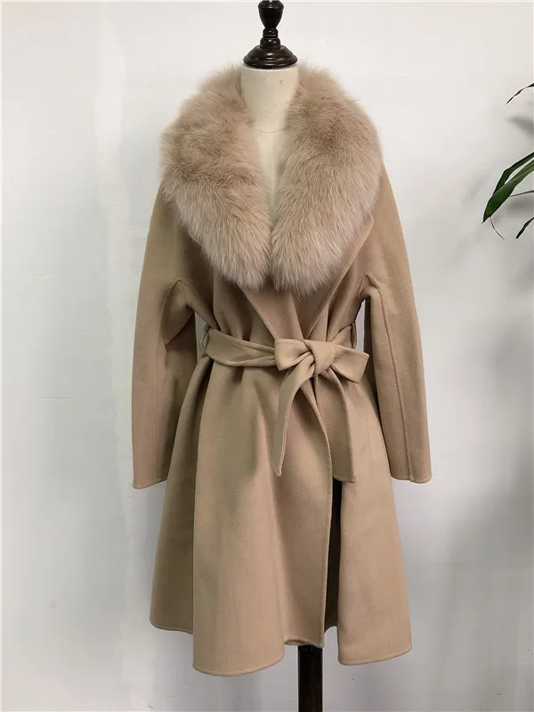 beige Женский Тренч с натуральным лисьим мехом и воротником, Свободный кардиган, большие размеры, Mujer, отложной воротник - Цвет: beige