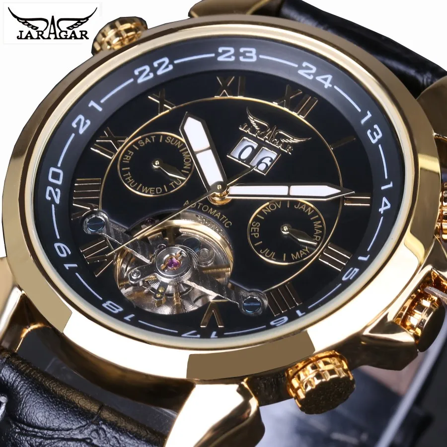 

Men Watch Top Brand Luxury JARAGAR Mechanical Watches Leather Real Flying Tourbillon Gold Case Skeleton Wristwatches