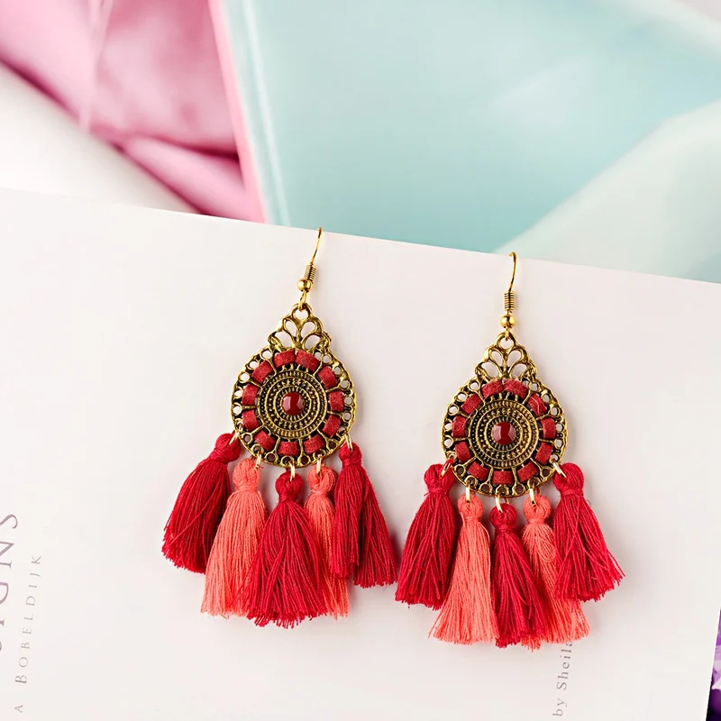 Винтажные красные висячие серьги с кисточками для женщин в богемном стиле Бохо