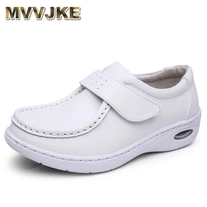 

Женская обувь для медсестры MVVJKE, Всесезонная Мягкая Повседневная обувь из натуральной кожи на платформе с воздушной подушкой, на липучке