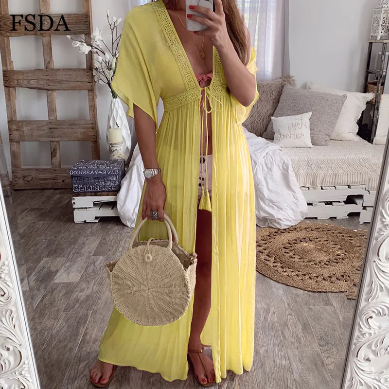 Женское пляжное платье кардиган FSDA хлопковое Свободное с v образным вырезом и