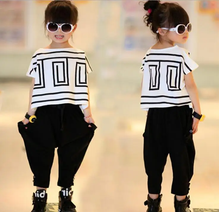 Летние в стиле хип хоп комплекты одежды для девочек модная детская свободная