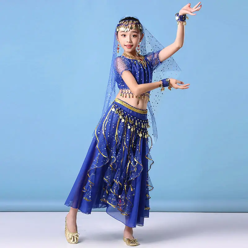 royal blue Детская одежда для детей сари наряд для выступлений костюм Болливуд с короткими рукавами для девочек, комплект из 5 предметов, много цветов - Цвет: royal blue