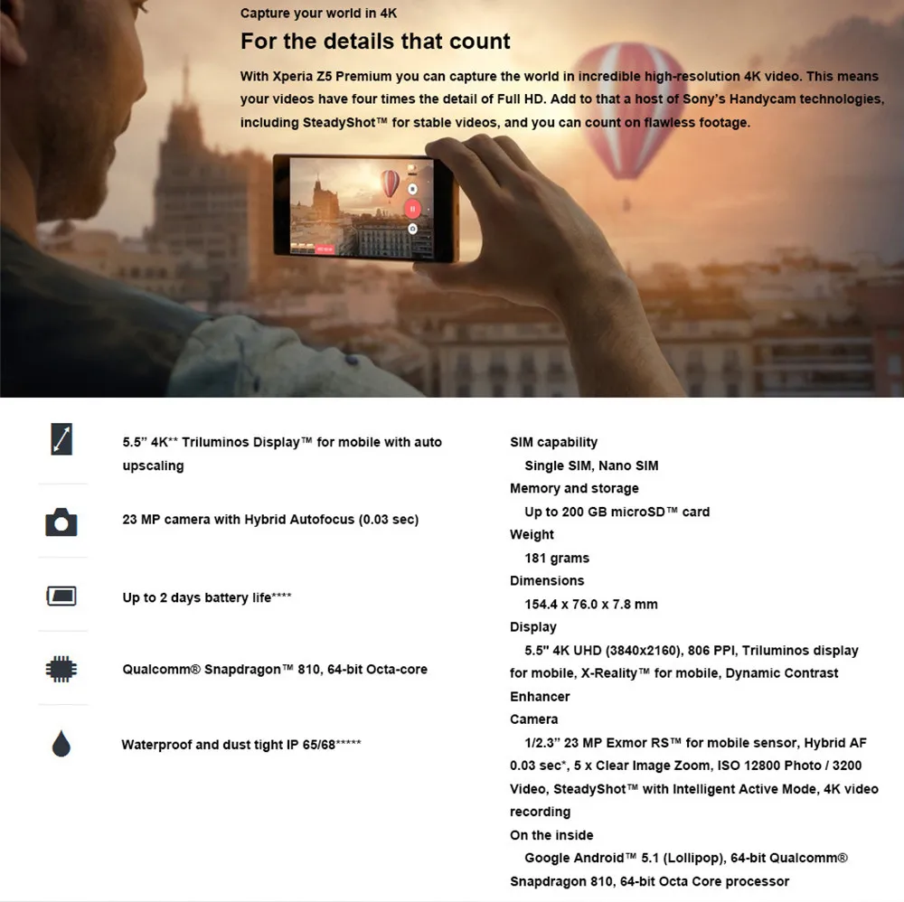 sony Z5 Premium E6883 Восьмиядерный 5,5 дюймов 3 ГБ+ 32 Гб Две sim-карты LTE задняя камера 2160 МП 3840* разблокированный мобильный телефон