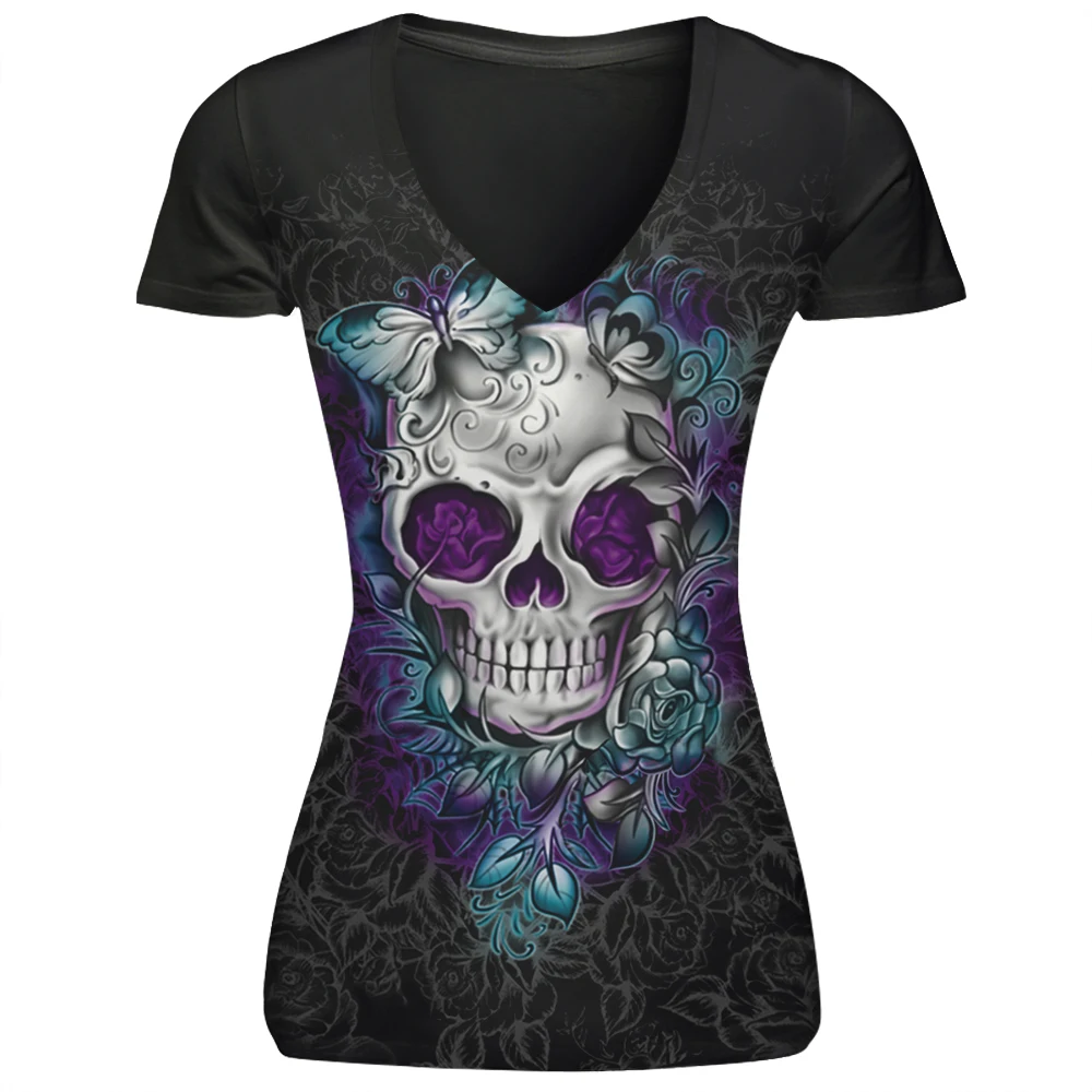 лето череп Крыло ангела 3d печатных майки женские короткий рукав V образный вырез