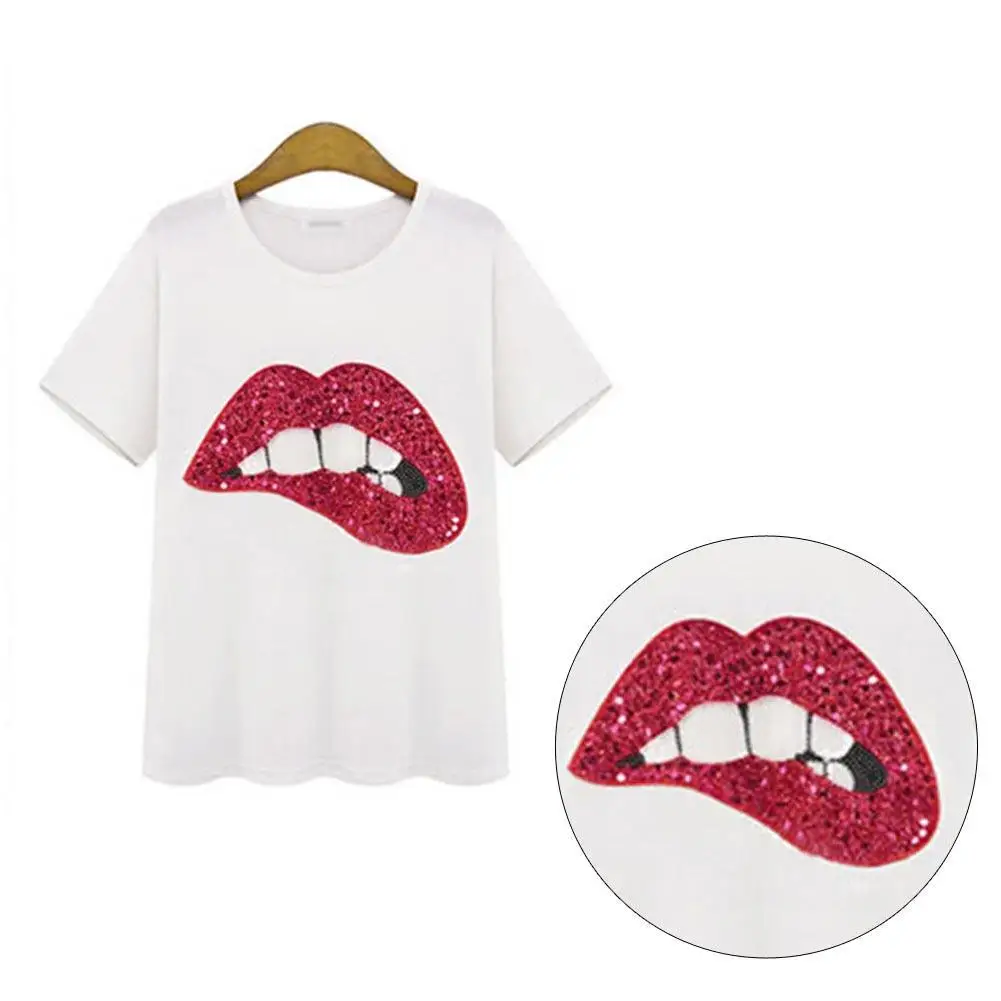 Летний стиль круглый воротник блестки зеленые красные губы сексуальная женская