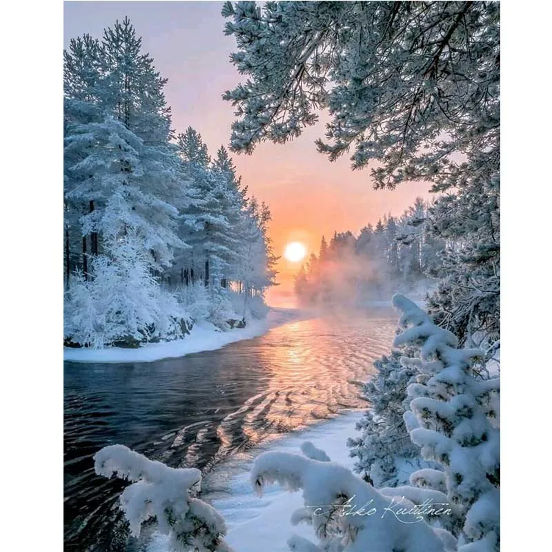 Landscape Diamond Painting Cross Stitch Home Decoration Embroidery Snow Secenery River Sunrise Mosaic Diy Gift | Дом и сад