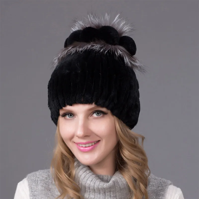 

Women's Autumn/Winter Faux Fur Hat Real Rex Rabbit Fur & Fox Hair Ball Knit Hat Women's Warm Natural Rabbit Hat THY-06