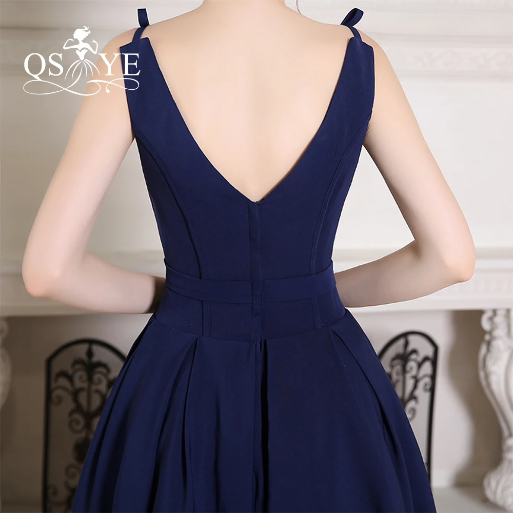 Темно Синие атласные вечерние платья длиной до колена 2017 Vestidos с v образным