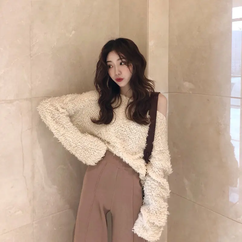 Alien Kitty 2019 Sexy Casual Elegant Bare Shoulder Fresh Simple Autumn Spring Women O-Neck Knitted Sweet Sweater Pullover Female | Женская
