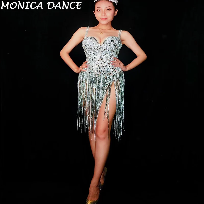 Sexy Stage Shining Silver Crystals Fringes Bodysuit See Through Birthday Celebrate Mesh Outfit Party Dance Female Singer Costume