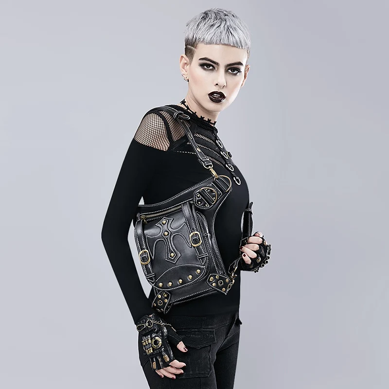 Black PU Leather With Rivet Gothic Steampunk Bag Women&Men Retro Rock Crossbody Handbag shoulder Waist Packs Corset Accessories