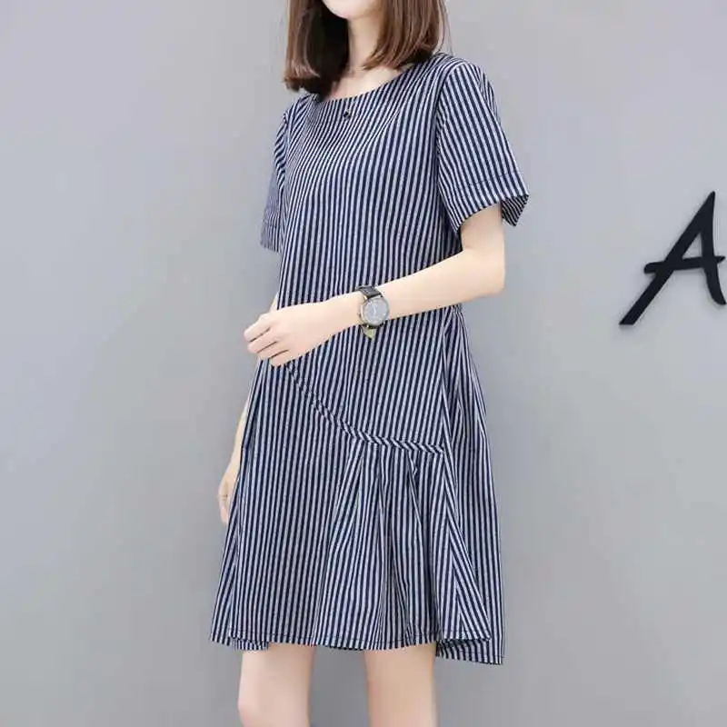 Женское хлопковое льняное платье с круглым вырезом и коротким рукавом вечерние