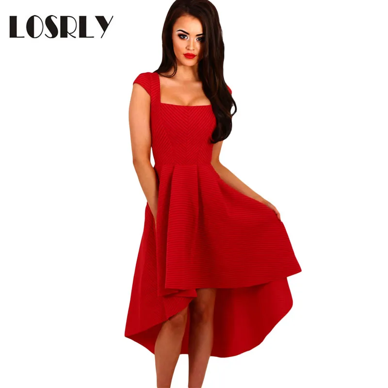 LOSRLY Летние Элегантные Дамы Высокие Низкие Пром Платья 2017 Красная Полоса Dip Подол